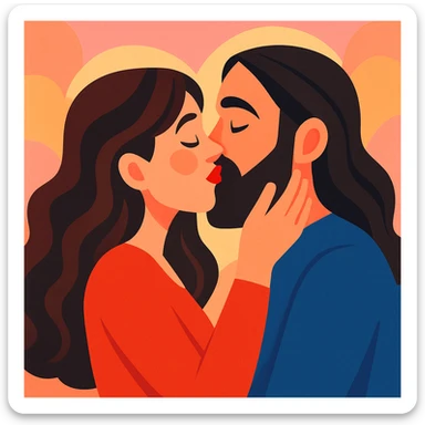 expressive illustration of a white woman with long dark brown wavy hair and a white man with long hair and black beard kissing, soft background, romantic atmosphere sticker