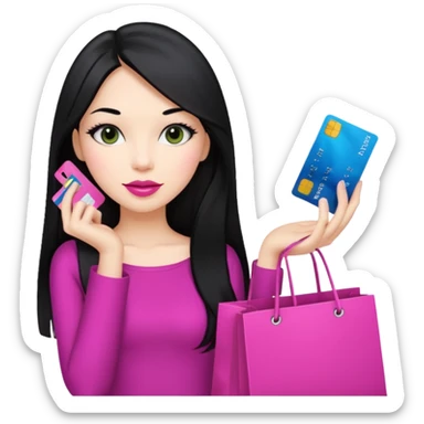 Girl with long black hair and pink lipstick holding shopping bags and credit card sticker