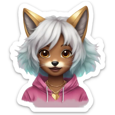 Pink magenta burgundy maroon cyan beige gray fox wearing a pink hoodie with gold jewellery gold piercings gold ear piercing gold nose piercing vintage watercolour tie dye black raven wings sticker