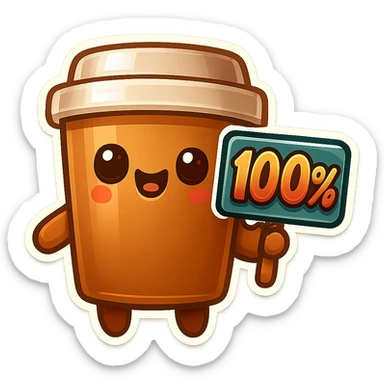 Tall coffee cup, holding sign "100%" sticker