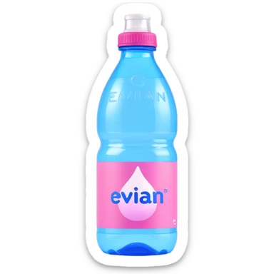 Evian water bottle, 3D style, glossy plastic, blue and pink label, condensation, white background sticker