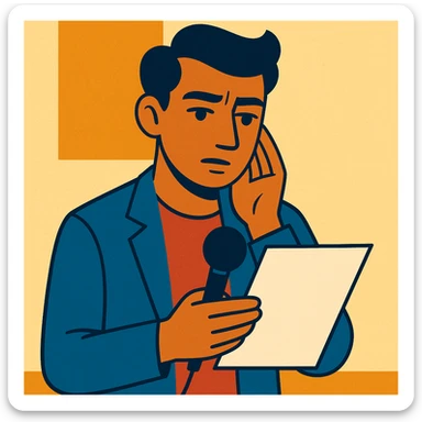 a character inspired by 'This I Believe,' thoughtful expression, holding a paper or microphone, simple background sticker