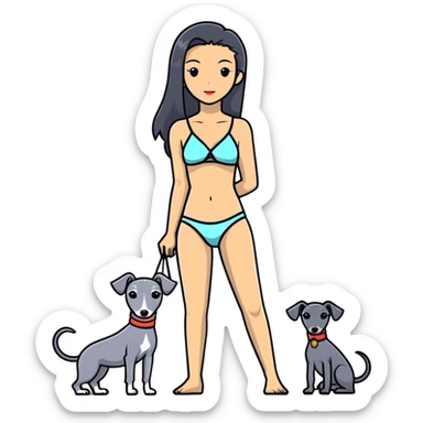 Slim Chinese woman with long black hair in appropriate beach attire at the beach with her completely solid grey Italian greyhound, the dog has absolutely no white markings anywhere, not on face or paws, solid grey color throughout entire body sticker