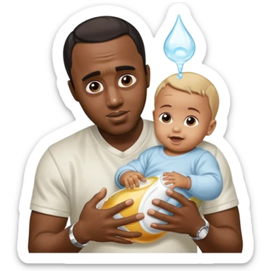 Sean “Diddy” Combs with baby oil and a very small infant and he’s pouring the baby oil on the baby and they have a scared face they’re really scared while diddy is happy sticker
