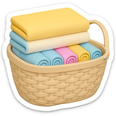 Make the wicker basket a little lighter in color, keep pastel socks and towels with folded towels on top, in the style of emoji. Remove the background. sticker