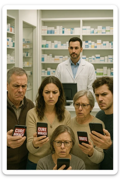 Realistic, vertical scene: a group of people in a pharmacy, some looking confused or skeptical as they read sensationalist headlines on their phones about “Cure Miracolanti” or “Truffe” A pharmacist stands behind the counter, ready to offer evidence-based advice. The atmosphere is educational, highlighting the importance of consulting professionals. sticker
