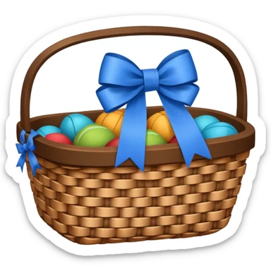 A basket with a blue ribbon on the handle sticker