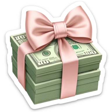 Neat money stack tied with a blush satin bow, muted green $100 bills, soft luxury rich  sticker