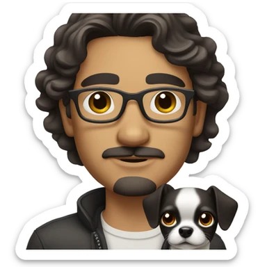 dark hair dark eye man with short mustache wearing glasses holding chihuahua sticker