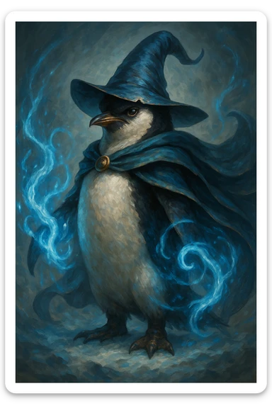 A heroic penguin wizard with a flowing cape, icy blue magic swirling around its flippers. sticker