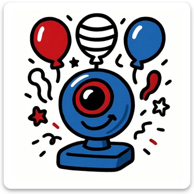 Recolor the webcam and festive elements using only the colors of the American flag: red, white, and blue, while maintaining a cheerful and festive style. sticker
