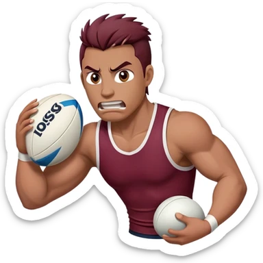 Angry mustang holding  white rugby ball wearing maroon singlet sticker