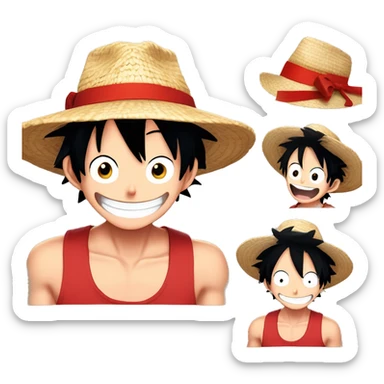 Monkey D LUFFY, Young guy with black hair in a red tank top, wearing a straw hat with a  red ribbon is making an extremely goofy silly face with a huge smile sticker