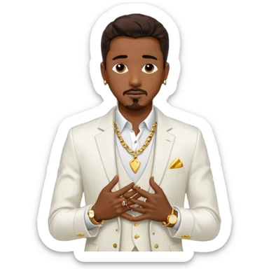 Ralph Tresvant with dark brown hair, white suit jacket, shirtless with necklace sticker