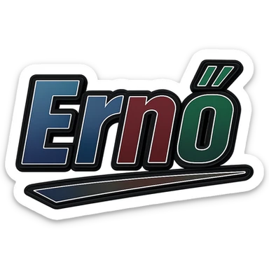 Ernő name in masculine, modern, gradient font with dark contour, thin and clearly visible white border around letters, dynamic slanted underline, masculine color shades (blue, gray, burgundy, green, brown), 1000x1000 px, PNG, transparent background, in the style of the uploaded Attila sample. sticker