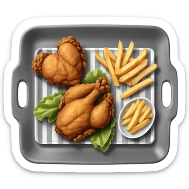 Fried chicken with fries in a grey rectangle plate with paper black and white  sticker