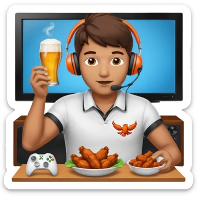 Football and tv and buffalo wings and beer and Xbox and a man with headset sticker