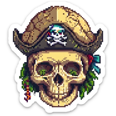 skull with mind blown effect, wearing a pirate hat, pixel art style sticker