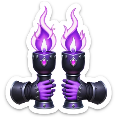 A Discord emoji of a pair of black armored gauntlets holding a flickering violet flame. The hands are positioned as if offering a gift. Dark gothic fantasy, glowing magical effects, high contrast, 2D vector style, white background. sticker