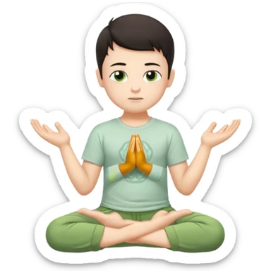 Menino branco de cabelo escuro, camiseta e bermuda verde claro sentado em pose de Buda com as mãos em forma de Mudra sticker