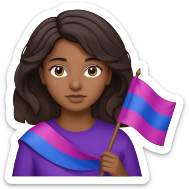 eu com a bandeira bissexual, sou morena, com cabelos negros que vão até a altura dos ombros levemente ondulados, olhos castanhos, sticker