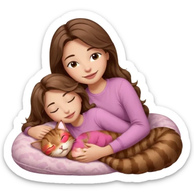 girl with wavy long brown hair, brown eyes, light to medium complexion, long lashes, light pink lipstick, smiling, wearing light pink shirt, sleeping on a cozy pillow, cuddling a brown tabby cat  sticker