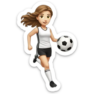 Caucasian girl with brown long hair running with a soccer ball wearing White short and black shorts sticker