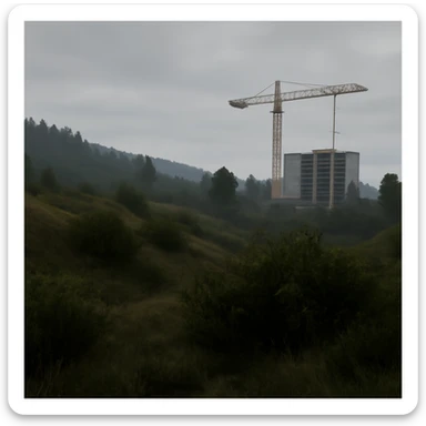  a scene amongst hills and bushes in the game DAYZ with a construction site and tall yellow crane in the background, screenshot, overcast day, videogame graphics, enfusion engine, arma 2 sticker