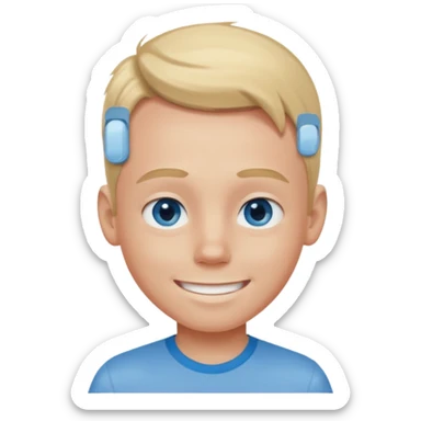 blonde-haired, blue-eyed young boy, big forehead, smiling, pale skin with subtle red flush from tanning bed, wearing a grey button shirt sticker