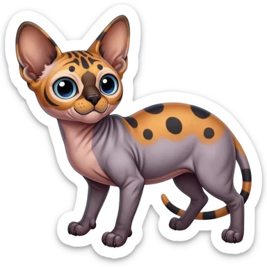 A Colorful  exotic tropical tribal cute happy realistic esoteric patterned fluffy furry dark caracal-Lykoi-bobcat-sphynx-genet-serval-Fakémon-fursona-hybrid-fusion-animal-creature, full body, 4-legged sticker