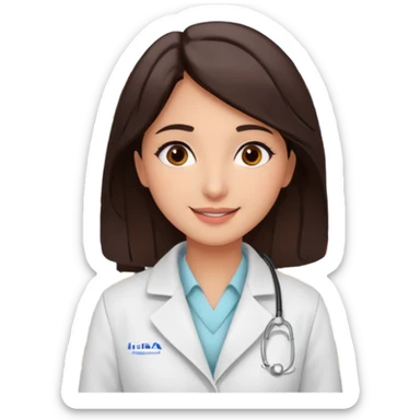 Emoji of a pharmacist girl named Hiba. She is standing in a pharmacy, wearing a white coat, with long straight dark brown hair, brown eyes, and a friendly smile. Please write her name ‘Hiba’ on it sticker