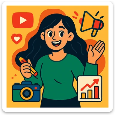 creative woman with long black hair and green outfit, surrounded by icons of social media, camera, and marketing, showing kindness and passion, colorful cartoon style sticker