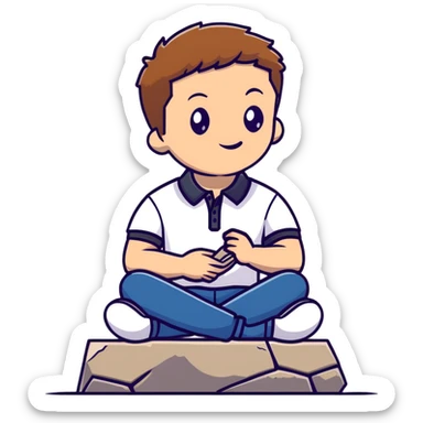 Young man with light skin and short brown hair sitting on stone steps, wearing white polo shirt with blue details and jeans sticker