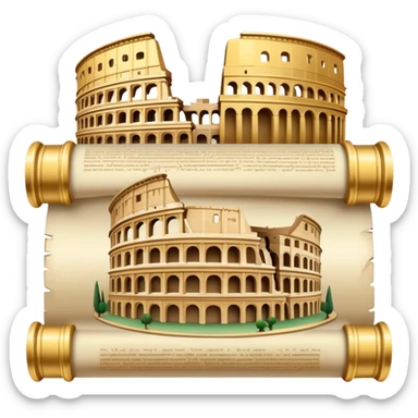 An icon featuring an ancient scroll, surrounded by famous historical landmarks and statues of notable figures, like the Colosseum or Napoleon. The design symbolizes the exploration of history through monuments and people. Transparent background highlights the pas sticker