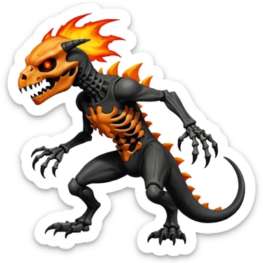 Oily smooth glossy evil sharp edgy badass skeletal fiery skull-faced skull-masked Charmeleon-Zeraora-Salandit-fusion, full body sticker