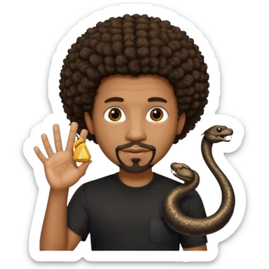 Homme noir, yeux marron avec un bouc sans la moustache, cheveux court et bouclé crépus avec un dégradé sur le côté, avec un cobra à côté , t-shirt noir  sticker