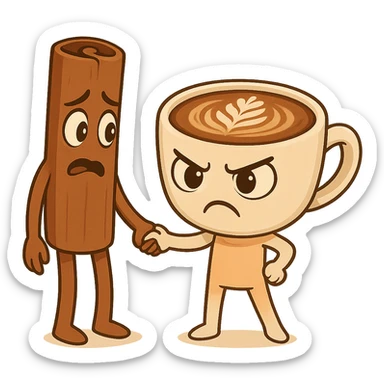 Keep the same quality and chibi stickers style. Edit the characters to have different expressions: make the coffee cup character angry and the cinnamon stick character scared. sticker