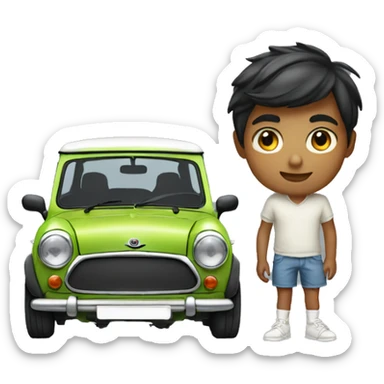 slender indian boy on shorts standing next to a mini cooper sticker