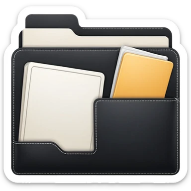 small cute black folder icon, slightly open at the top, multiple pockets or sections visible, white label area on the front with the word 'Titles', no handwriting sticker
