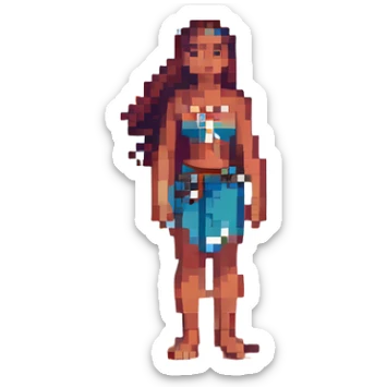 Moana standing on a beach in pixel art style, no background sticker