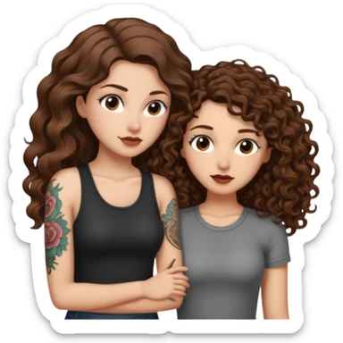 whisper plan — long wavy brown hair tattooed woman and short tight curly brown hair woman — leaning close plotting sticker