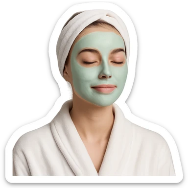 girl in a robe with a green skincare face mask, relaxed expression, simple background sticker