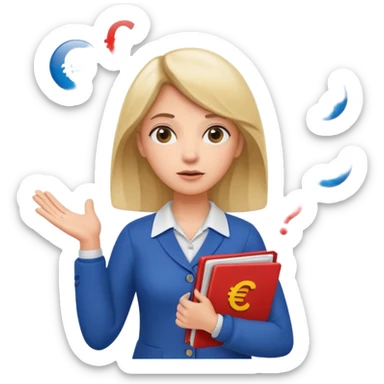 A confused female kindergardenteacher shrugging shoulders with euro symbols and documents floating around. sticker