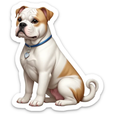 cinematic-[american bulldog]-realistic-full-body-sitting-emoji,-tail-resting-loosely-beside-its-paws,-head-tilted-dramatically,-sleek-[solid white]-fur,-simplified-yet-realistic-focused-features,-highly-detailed,-glowing-with-an-almost-sarcastic-glow sticker