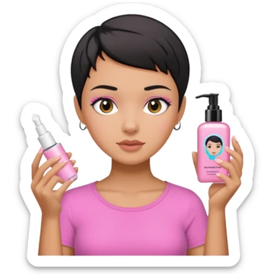 tan girl pink shirt with black hair & a pixie, doing her skin care sticker