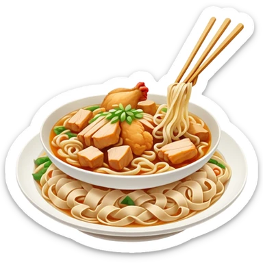 Xinjiang Big Plate Chicken Noodles with wide hand-pulled noodles and chicken chunks, simplified emoji style with bold outlines and bright colors, cartoon style Da Pan Ji with noodles sticker