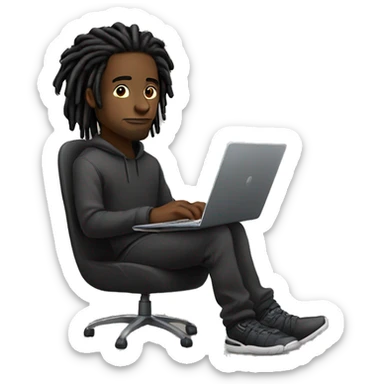 Black-guy-with-dreads-wearing-black-trackstuit-sitting-down-on-chair facing-foward-focused-on-laptop-computer- sticker
