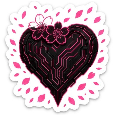 goth sakura heart, cyberpunk style, neon pink and black, glowing sakura petals, futuristic and edgy sticker
