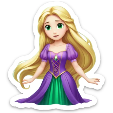 Cinematic Stunning Rapunzel Portrait Emoji, Golden hair cascading in a luminous waterfall, big emerald-green eyes full of wonder, wearing her iconic purple gown, radiating beauty and magic, glowing with fairy-tale charm! sticker