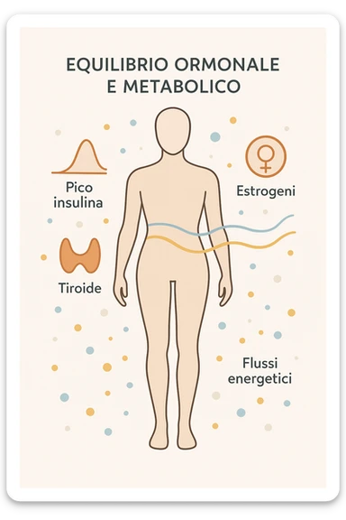 Il corpo è circondato da simboli delicati e bilanciati che rappresentano equilibrio ormonale e metabolico: piccoli cerchi, flussi energetici colorati, simboli stilizzati di tiroide, picco insulina, estrogeni. 4k immagine in italiano sticker